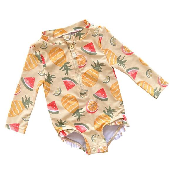 CARTER'S Baby Girls Yellow Long Sleeve Fruit Printed Rash Guard Swim Suit 6M - Picture 1 of 9